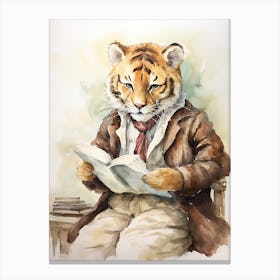 Tiger Illustration Reading Watercolour 3 Canvas Print