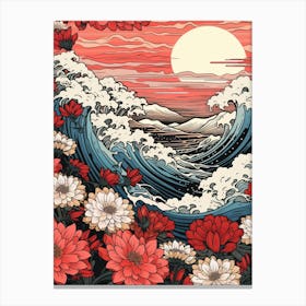 Great Wave With Cosmos Flower Drawing In The Style Of Ukiyo E 1 Canvas Print