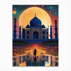 Moon over The Taj Mahal ~ India Travel Adventure Visionary Wall Decor Futuristic Sci-Fi Trippy Surrealism Modern Digital Psychedelic Cubic Fantasy Art Full Moons Stars Mandala Spiritual Fractals Space DMT Vibrant Canvas Print