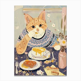 Tan Cat Having Breakfast Folk Illustration 4 Canvas Print