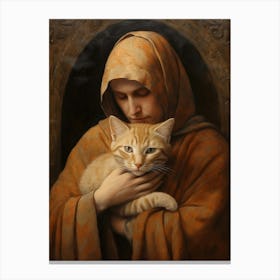 Monk Holding Stripy Cat Canvas Print