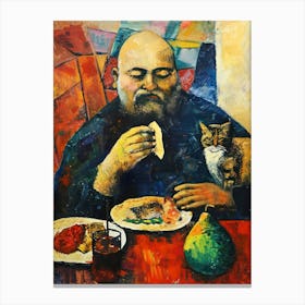Portrait Of A Man With Cats Having Lunch Canvas Print