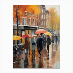 Amsterdam cafes, autumn season, rain, autumn oil colours.Faded colours,People passing on the street, winter clothes, rain umbrellas.10 1 Canvas Print