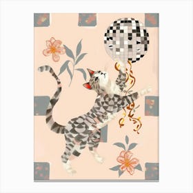 Disco Cat Checkerboard Floral Whimsical Illustration Dopamine Canvas Print