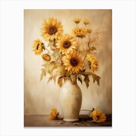 Sunflower, Autumn Fall Flowers Sitting In A White Vase, Farmhouse Style 3 Canvas Print
