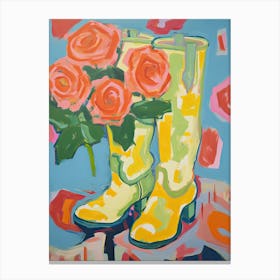 Painting Of Roses Flowers And Cowboy Boots, Oil Style 4 Canvas Print