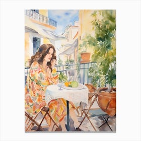 At A Cafe In Lisbon Portugal Watercolour Canvas Print