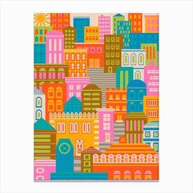 CITY LIGHTS BY DAY Vintage Travel Poster Portrait Layout with Geometric Architecture Buildings in Bright Rainbow Colours Orange Yellow Pink Green Blue Brown Cream on Cream Canvas Print