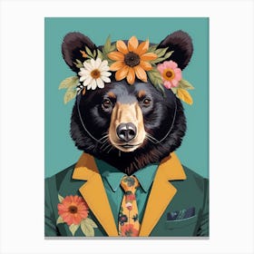 Floral Black Bear Portrait In A Suit (9) Canvas Print