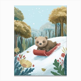 Sloth Bear Cub Sledding Down A Snowy Hill Storybook Illustration 4 Canvas Print