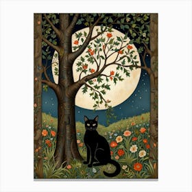 Black Cat Under A Tree Style William Morris Canvas Print