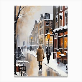 Amsterdam cafes, winter season, Christmas, autumn oil colors, pale colors, pedestrians in the street, winter clothes, falling snow.2 2 Stampe su tela