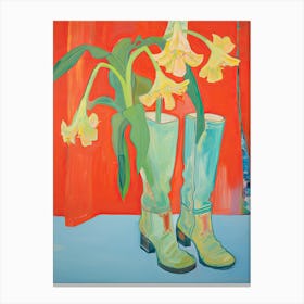 A Painting Of Cowboy Boots With Daffodils Flowers, Fauvist Style, Still Life 4 Canvas Print
