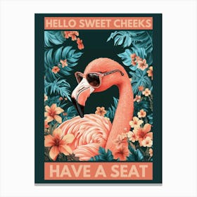 hello sweet cheeks have a seat Funny flamingo bathroom artwork in a playful kitsch aesthetic, colorful illustration in the style of 50s retro pop perfect for powder rooms, quirky spaces Canvas Print