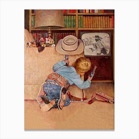 Little Cowboy Having Gunfight With Western TV Show, Funny, Vintage, Western Aesthetic Canvas Print