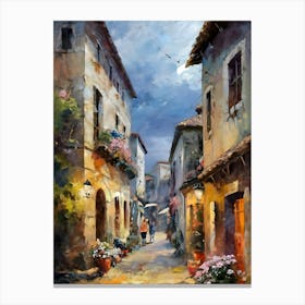 A painting of a street in a small town, a fine art painting, by Bernard D’Andrea, trending on cg society, josephine wall and pino daeni, beautiful painting of a tall, garmash, cinq terre, lourmarin, spring evening, in an alley, painted with a thin brush, raphaël, 2 Canvas Print