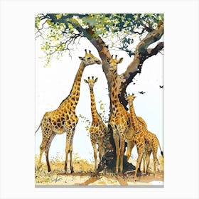 Giraffe Herd Under The Tree Watercolour 5 Canvas Print