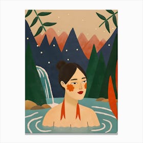 Asian Woman Girl Inside Water, Waterfall, Mountains Stampe su tela