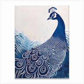 Peacock & The Waves Linocut Inspired Canvas Print