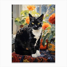 Contemporary Floral Cat On Windowsill 2 Canvas Print