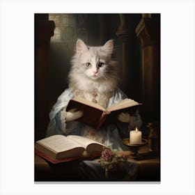 White & Grey Cat Reading A Book Canvas Print