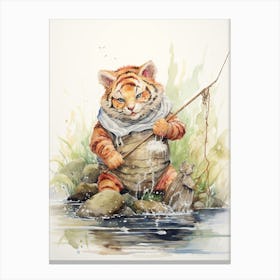 Tiger Illustration Fishing Watercolour 3 Canvas Print