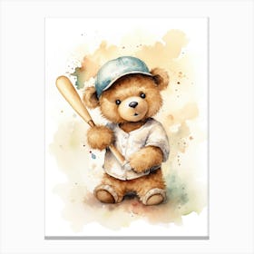 Baseball Teddy Bear Painting Watercolour 1 Canvas Print