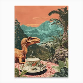 Dinosaur Drinking Coffee Retro Collage 2 Canvas Print