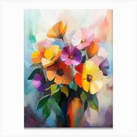 Oil Painting Abstract Colorful Bouquet Flowers And Green Leaf With Vase Canvas Print