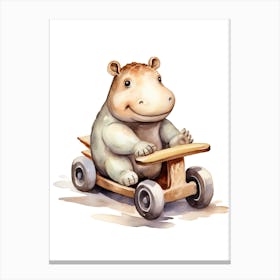 Baby Hippopotamus On Toy Car, Watercolour Nursery 3 Canvas Print