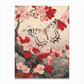 White Butterfly Red Flowers Japanese Style Painting Canvas Print