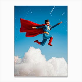 1980s Style Superhero Clad In Vintage Pilot Attire Soaring Above Cloud Banks Cotton White Cumulo (6) Canvas Print