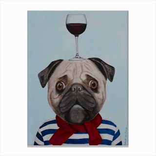 Pug With Wineglass Blue & Brown Canvas Print