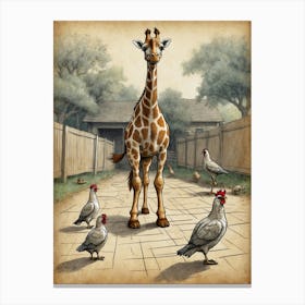 Giraffe And Chickens Canvas Print