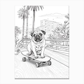 Pug Dog Skateboarding Line Art 4 Canvas Print