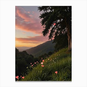 Sunset With Trees And Flowers Canvas Print