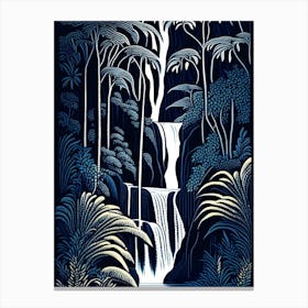 Waterfalls In A Jungle Waterscape Linocut 1 Canvas Print