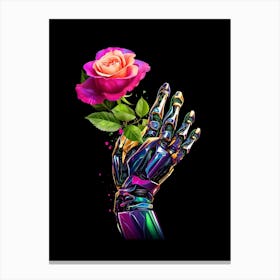 Android Hand Holding A Pink Rose Flower Canvas Print