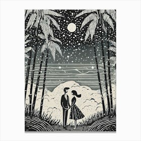 A Couple In Love Under A Starry Sky Near A Bamboo Grove Ukiyo-E Style Canvas Print