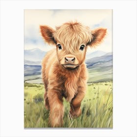 Cute Watercolour Portrait Of Highland Cow Calf 1 Canvas Print