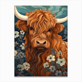 Wavy Line Highland Cow At Night Illustration 1 Canvas Print