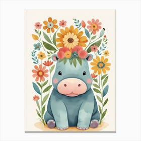 Floral Baby Hippo Nursery Illustration (30) Canvas Print