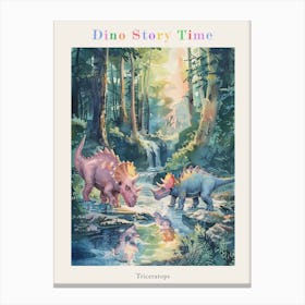 Triceratops Drinking Out Of A Stream Watercolour Painting Poster Canvas Print