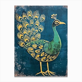 Blue Mustard Solid Linocut Inspired Peacock Canvas Print