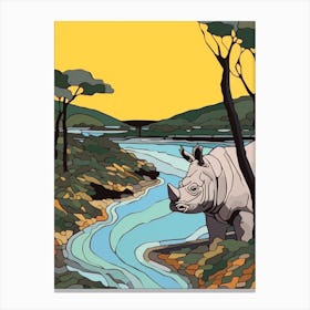 Simple Line Illustration Rhino By The River 1 Canvas Print