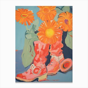 Painting Of Orange Flowers And Cowboy Boots, Oil Style 2 Canvas Print