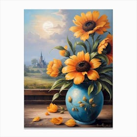 Sunflowers In A Blue Vase Canvas Print