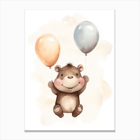 Baby Hippopotamus Flying With Ballons, Watercolour Nursery Art 1 Canvas Print