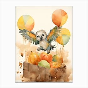 Parrot Flying With Autumn Fall Pumpkins And Balloons Watercolour Nursery 3 Canvas Print