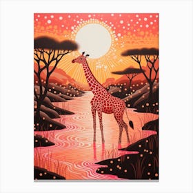 Giraffe In The River At Sunrise 2 Canvas Print